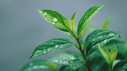 Poster - Fresh green leaves glistening with droplets of water, showcasing nature's beauty and vitality in a serene backdrop.