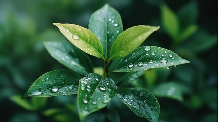 Poster - Lush green leaves adorned with water droplets create a vibrant, fresh atmosphere, showcasing nature's beauty and vitality.