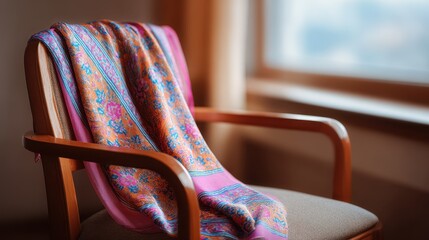 Poster - A vibrant scarf drapes elegantly over a wooden chair, illuminated by soft natural light from a nearby window.