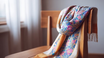 Poster - A beautifully patterned scarf drapes over a wooden chair, set against a softly illuminated interior backdrop.