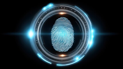 Poster - A digital fingerprint surrounded by glowing circular light effects, symbolizing security and technology.