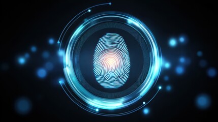 Aufkleber - Digital fingerprint surrounded by glowing blue circles and particles, symbolizing security and technology.