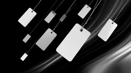 Aufkleber - Hanging blank tags in a dynamic, abstract setting create a modern visual effect against a dark background.