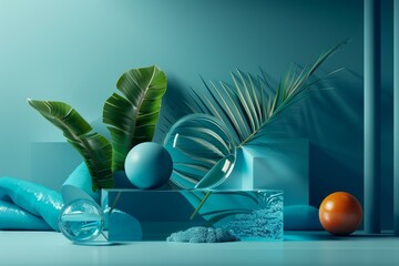 Poster - Modern still life with tropical leaves, blue and orange spheres and geometric shapes creating a vibrant turquoise composition
