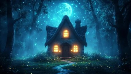 Wall Mural - Enchanted cottage glowing under a full moon in a mystical forest