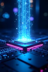 Poster - Abstract glowing blue data streams flow into a central processing unit, vertical composition. Hightech neon pink and blue light effects illuminate the futuristic microchip.