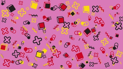 Wall Mural - Pink background scattered with colorful plus signs and stars. Abstract seamless memphis loop video for presentation, intro, outro, and social media.