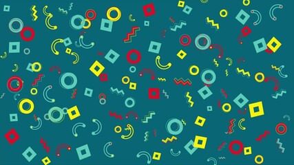 Wall Mural - Teal background with colorful geometric shapes. Abstract seamless memphis loop video for presentation, intro, outro, and social media.