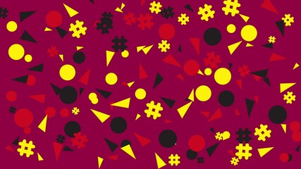 Wall Mural - Vibrant yellow background with geometric shapes and pasta. Abstract seamless memphis loop video for presentation, intro, outro, and social media.