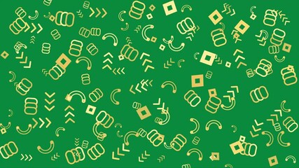 Wall Mural - Green background with gold geometric shapes. Abstract seamless memphis loop video for presentation, intro, outro, and social media.