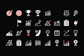 Poster - Collection of white business and success icons on a dark background representing goals and achievements
