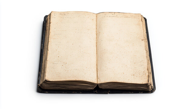 An old, weathered book lies open, showing blank, yellowed pages with visible age marks against a plain white background.
