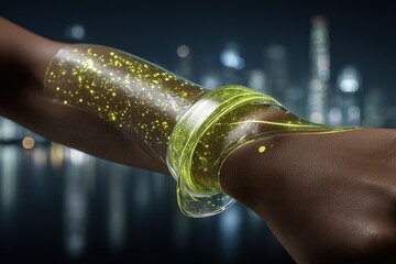 Poster - Futuristic glowing arm accessory in a vibrant urban nighttime setting with shimmering particles