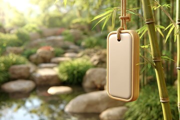 Poster - Natural serenity captured by a bamboo frame with a blank tag hanging near a peaceful stream during golden hour light