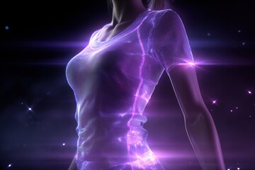 Fototapete - Woman in futuristic clothes illuminated by purple light, showcasing a blend of technology and fashion against a dark backdrop