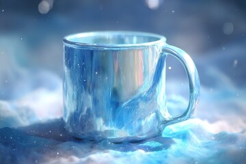 Poster - Sparkling blue mug resting on soft colorful background with dreamy atmosphere