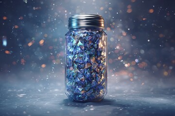 Poster - Colorful crystals in a glass jar sparkling against a vibrant background