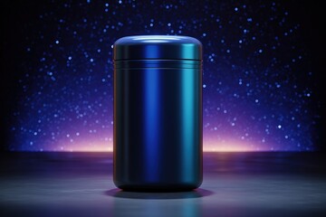 Poster - Sleek metallic container stands under a starry night sky with a gradient of vibrant colors enhancing its design