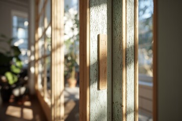 Poster - Sunlight illuminating wooden accents in a cozy indoor space with large windows and greenery