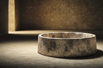 Poster - Stone basin sits in an empty room with soft lighting in a minimalist space designed for tranquility and reflection