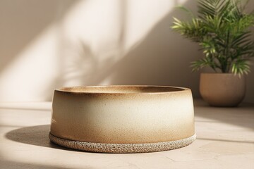 Poster - Decorative ceramic bowl placed in a sunlight-lit interior with a plant in the background