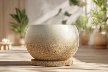 Poster - Elegant ceramic planter with steam rising, set in a bright indoor space adorned with greenery