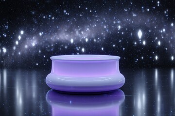 Poster - Futuristic glowing platform resting in a cosmic starry background with bright lights in outer space