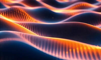 Fototapete - A digital landscape of flowing data waves, with vibrant orange and blue hues representing the energy flow