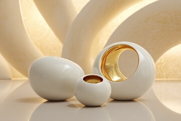 Poster - Elegant white and gold vases arranged artistically on a sleek surface with soft lighting