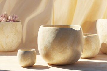 Poster - Unique handcrafted pottery displayed on a wooden surface with natural light highlighting its textures
