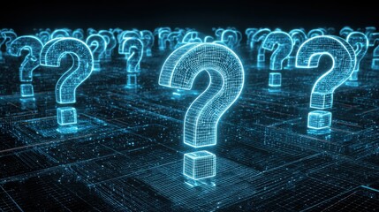 Poster - Glowing blue large question marks on a digital grid background, symbolizing inquiry, uncertainty, and the search for knowledge in a technological context
