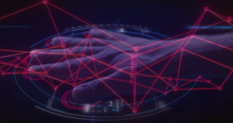 Fototapete - Extending male hand interacting with glowing holographic rings in virtual scene, with network lines