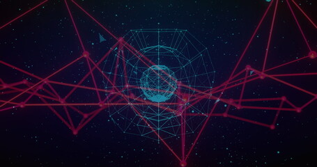 Aufkleber - Rotating central cyan wireframe sphere inside cage in starfield, with red network lines and nodes