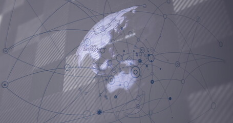 Poster - Displaying globe projection with circular nodes and network lines on wall with diagonal stripes