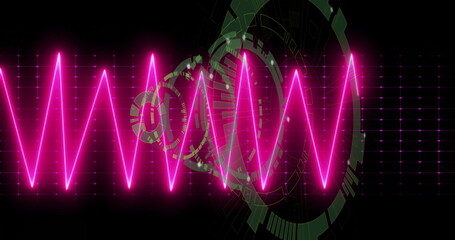 Poster - Cutting neon pink zigzag waveform across dark interface, with green HUD circles and magenta grid
