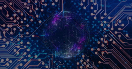 Poster - Floating wireframe sphere glowing purple and blue against circuit board traces, with luminous nodes