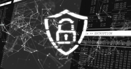 Poster - Displaying central shield and padlock in virtual network, with node-edge mesh, hex dumps
