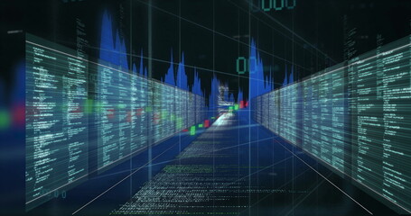 Poster - Extending data corridor receding in virtual tunnel, with code panels, candlestick bars, waveforms