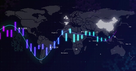 Poster - Dotted world map displaying purple and cyan bar charts on dark grid interface, with numeric labels