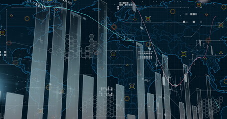 Poster - Displaying translucent vertical bars rising on virtual dashboard, with world map and hex grids