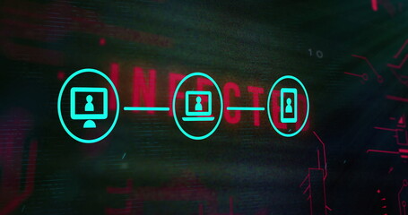 Fototapete - Displaying three cyan device icons linking on glitch backdrop, with red text and circuit patterns