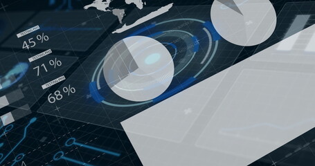 Aufkleber - Floating 3D spherical chart rotating on virtual dashboard with concentric rings and percent labels