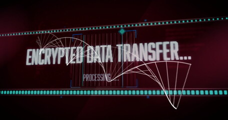 Poster - Digital interface display showing encrypted data transfer in dark red environment, with data nodes