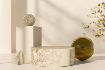 Poster - Geometric shapes and spheres displayed in a minimalist setting. 3d rendering