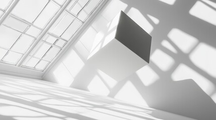 Poster - Floating cube in a bright, airy interior space.