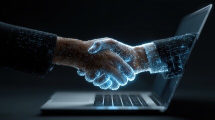 Poster - Business handshake over laptop with digital glowing lines technology futuristic business.