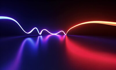 Poster - A single wavy neon line in shades of purple and blue, with an orange curve at the end, set against a black background. 