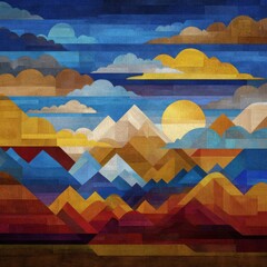 Poster - A vibrant abstract landscape featuring geometric shapes in layered colors of blue, yellow, red, and brown, resembling stylized mountains and sky.