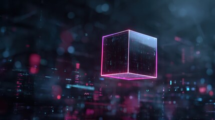 Poster - A background consisting of a neon cube and data stream, generated using stock and incorporating elements of technology, virtual reality, and blockchain