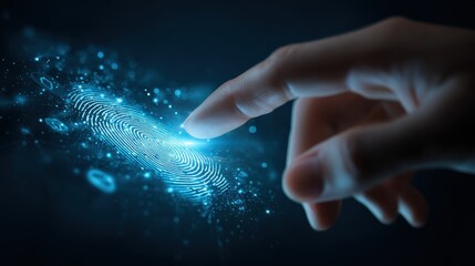 Poster - A hand with a glowing fingerprint above and digital icons below on a dark background in blue tones